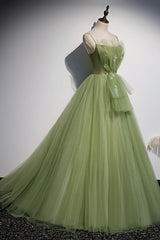 Prom Dresses Burgundy, Green Tulle Long A-Line Prom Dresses, Green Spaghetti Straps Evening Dresses