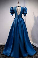 Formal Dresses Short, Blue V-Neck Satin Long Prom Dresses, A-Line Blue Evening Dresses