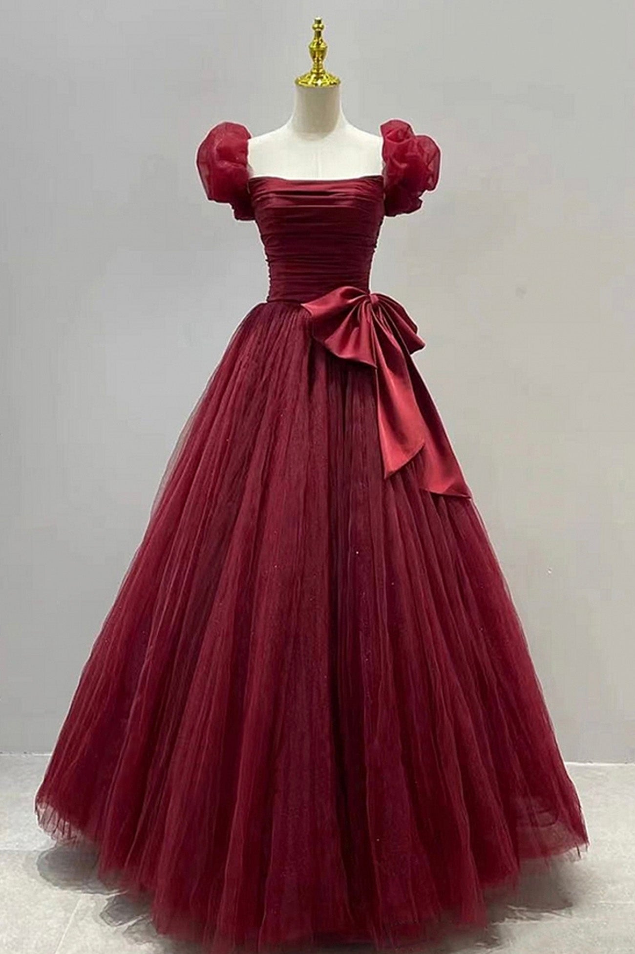 Party Dresses Size 32, Burgundy Tulle Short Sleeve A-Line Formal Dresses, Burgundy Evening Dresses
