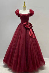 Party Dress Size 126, Burgundy Tulle Short Sleeve A-Line Formal Dresses, Burgundy Evening Dresses