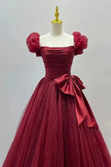 Party Dress Size 130, Burgundy Tulle Short Sleeve A-Line Formal Dresses, Burgundy Evening Dresses