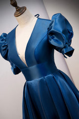 Formal Dresses Cheap, Blue V-Neck Satin Long Prom Dresses, A-Line Blue Evening Dresses