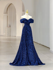 Evening Dresses Online Shop, Blue Sequins Long Prom Dress, Off the Shoulder Blue Evening Dress
