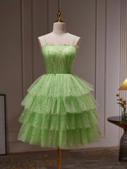 Prom Dress Curvy, Green Tulle Straps Short Party Dress, Light Green Homecoming Dress