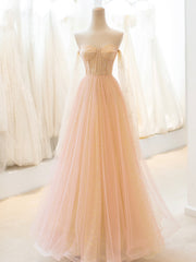 Bridesmaid Dress Tulle, Cute Tulle Long Prom Dress, A-Line Strapless Evening Dress