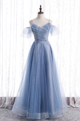 Formal Dress Party Wear, Blue Tulle Long A-Line Prom Dresses, Blue Spaghetti Strap Evening Dresses
