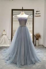 Bridesmaid Dresses Summer Wedding, Gray Tulle Beading Long Prom Dresses, A-Line Strapless Evening Dresses