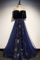 Off Shoulder Dress, Blue Velvet Tulle Long Prom Dresses, Blue Formal Evening Dresses