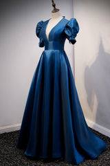 Formal Dresses 2036, Blue V-Neck Satin Long Prom Dresses, A-Line Blue Evening Dresses
