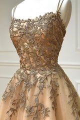 Prom Dress Pattern, A-Line Spaghetti Straps Lace Long Prom Dress, Lace Evening Dress