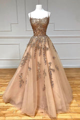 Prom Dresses Patterns, A-Line Spaghetti Straps Lace Long Prom Dress, Lace Evening Dress