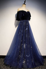 Trendy Dress Outfit, Blue Velvet Tulle Long Prom Dresses, Blue Formal Evening Dresses