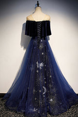 Party Dresses With Boots, Blue Velvet Tulle Long Prom Dresses, Blue Formal Evening Dresses