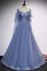 Ethereal Dress, Blue Tulle Beading Long Prom Dresses, A-Line Formal Evening Dresses