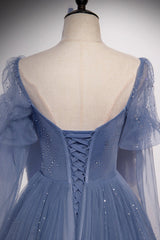 Black Gown, Blue Tulle Beading Long Prom Dresses, A-Line Formal Evening Dresses