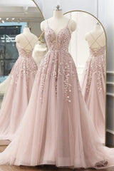 Homecoming Dresses Fitted, Pink Tulle Lace Long Prom Dresses, A-line Spaghetti Strap Evening Dresses