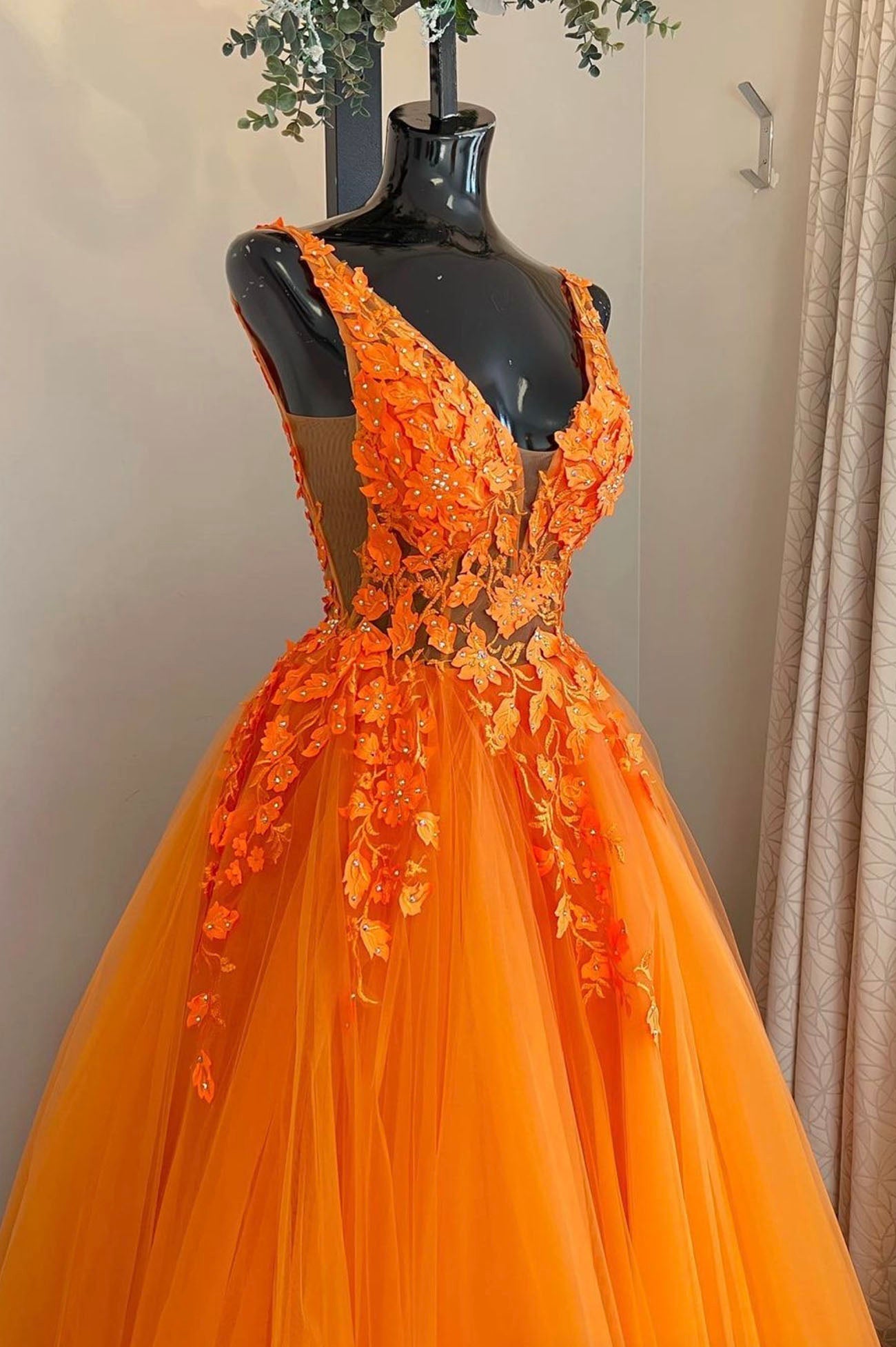 Prom Dresses For Sale, Orange V-Neck Lace Long Prom Dresses, A-Line Evening Party Dresses
