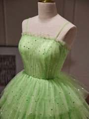 Prom Dress Open Back, Green Tulle Straps Short Party Dress, Light Green Homecoming Dress