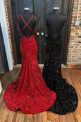 Prom Dresses Colorful, Mermaid Sequins Long Prom Dress, Spaghetti Strap Backless Evening Party Dress