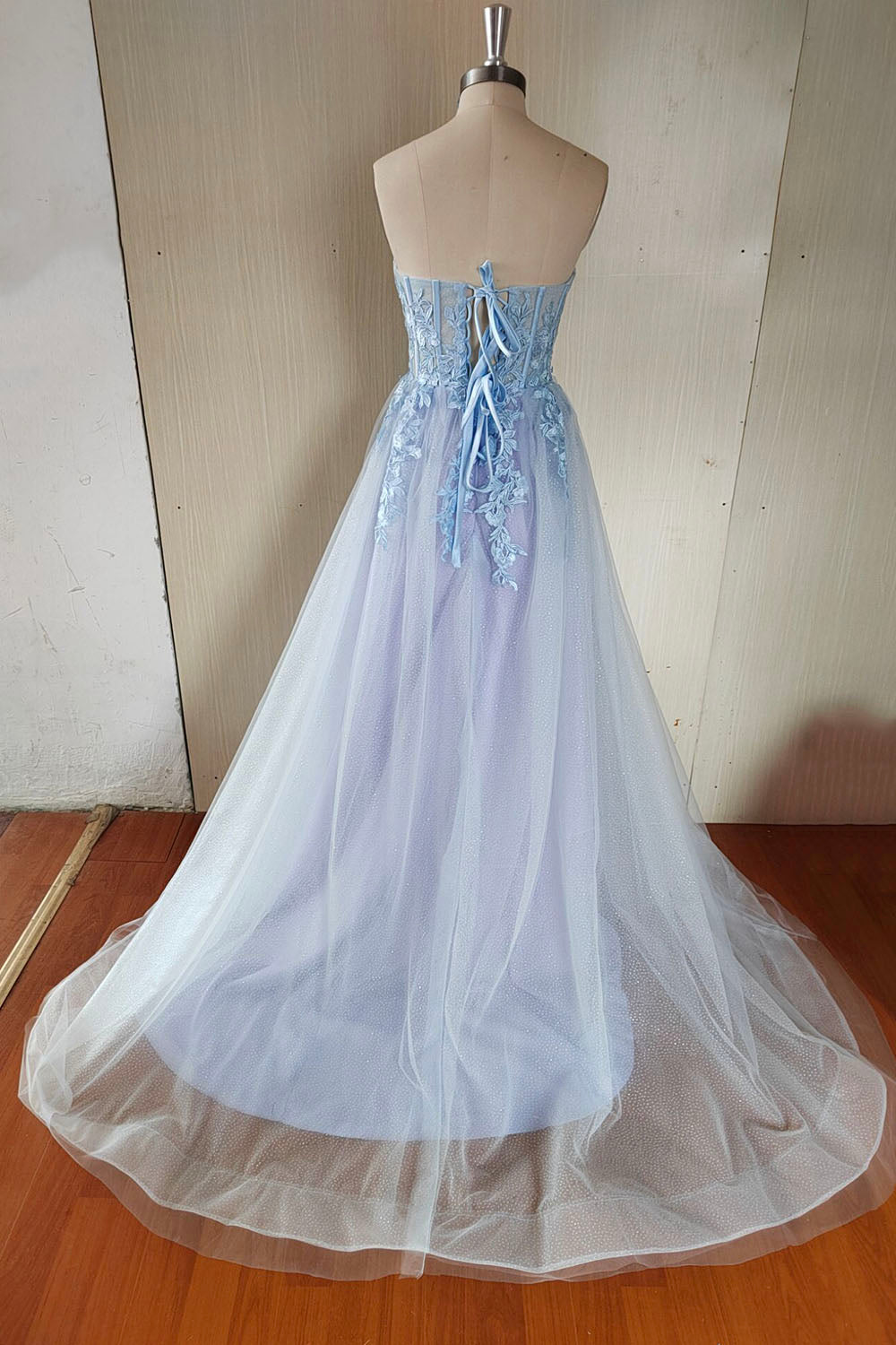 Evening Dresses Short, Blue Strapless Lace Long A-Line Prom Dress, Blue Evening Party Dress