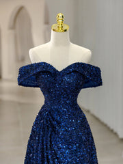 Evening Dresses With Sleeves, Blue Sequins Long Prom Dress, Off the Shoulder Blue Evening Dress
