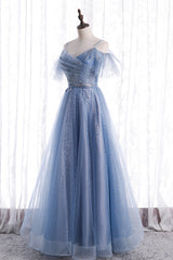 Formal Dress Lace, Blue Tulle Long A-Line Prom Dresses, Blue Spaghetti Strap Evening Dresses