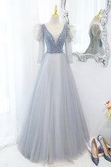 Bridesmaid Dress Blue, Cute V-Neck Tulle Beaded Long Prom Dress, Gray A-Line Evening Party Dress