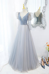 Bridesmaides Dresses Blue, Cute V-Neck Tulle Beaded Long Prom Dress, Gray A-Line Evening Party Dress