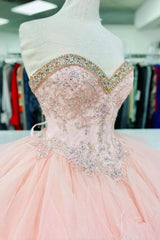 Prom Dresses Mermaid, Pink Lace Beaded Long A-Line Ball Gown, Sweet 16 Dress