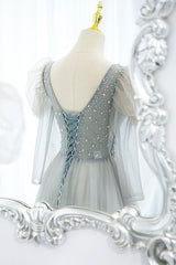 Bridesmaid Dresses Blues, Cute V-Neck Tulle Beaded Long Prom Dress, Gray A-Line Evening Party Dress