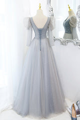 Bridesmaids Dress Blue, Cute V-Neck Tulle Beaded Long Prom Dress, Gray A-Line Evening Party Dress