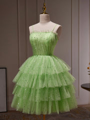 Prom Dresses Open Backs, Green Tulle Straps Short Party Dress, Light Green Homecoming Dress