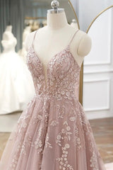 Homecomming Dresses Fitted, Pink Tulle Lace Long Prom Dresses, A-line Spaghetti Strap Evening Dresses