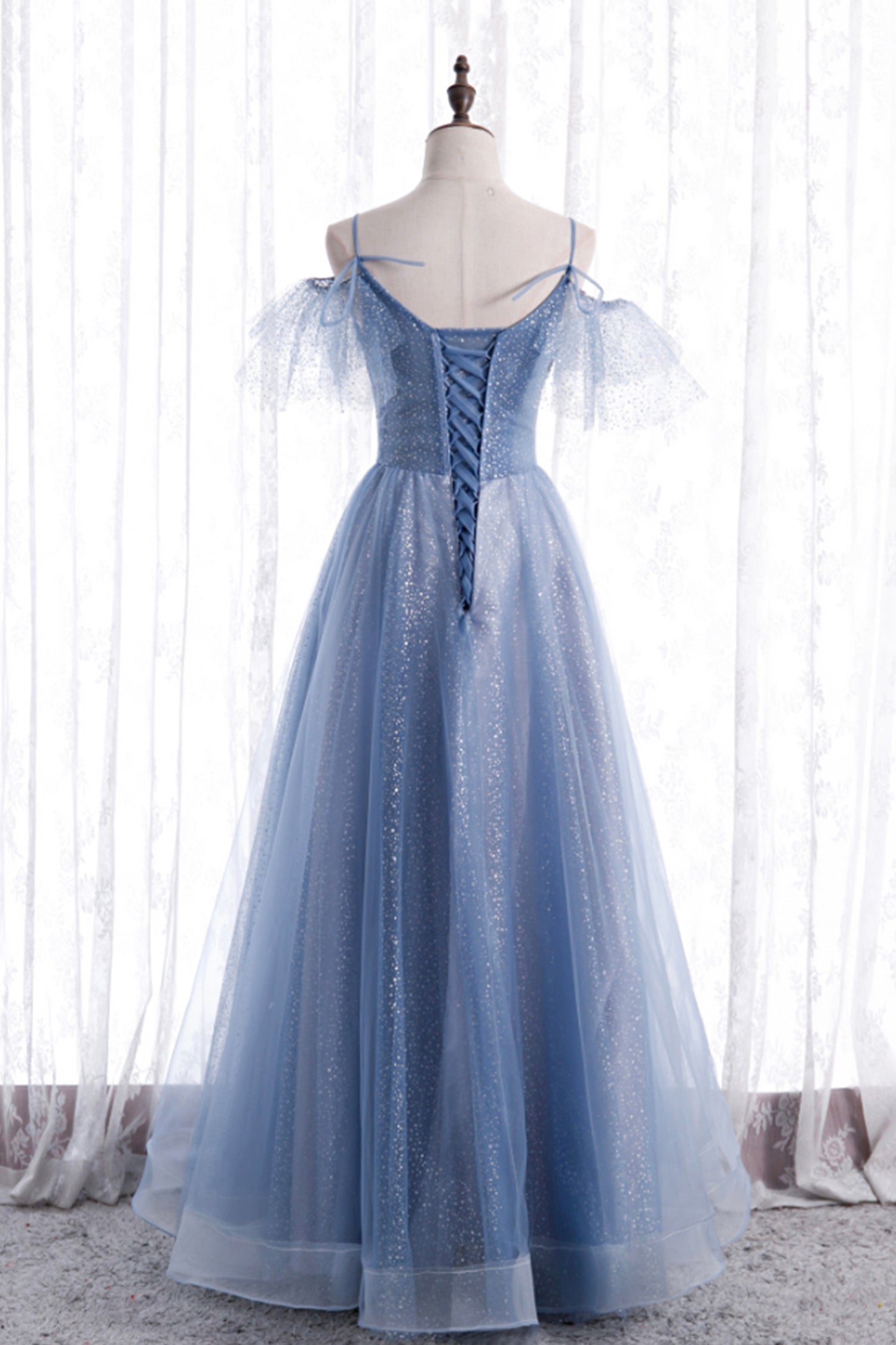 Formal Dress Ballgown, Blue Tulle Long A-Line Prom Dresses, Blue Spaghetti Strap Evening Dresses