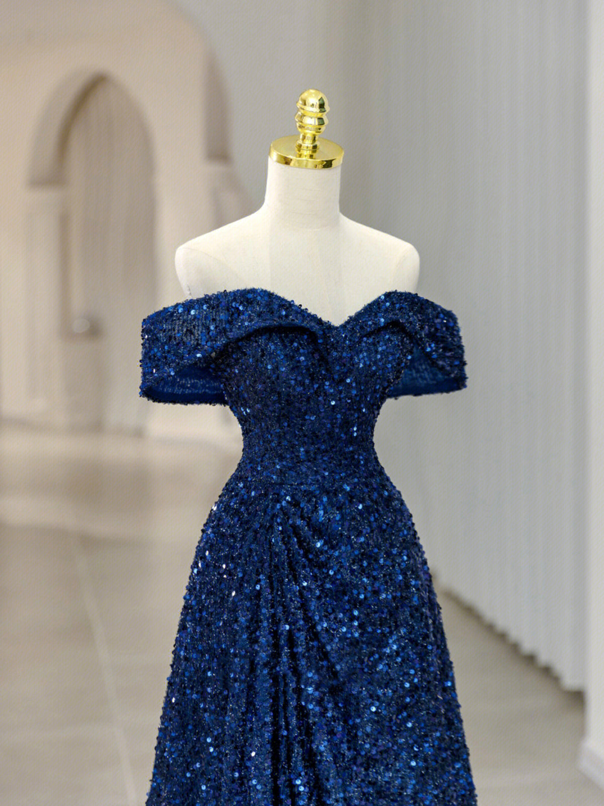Evening Dress Stunning, Blue Sequins Long Prom Dress, Off the Shoulder Blue Evening Dress