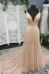 Prom Dresses Laces, A-Line Tulle Long Prom Dresses, V-Neck Evening Dresses