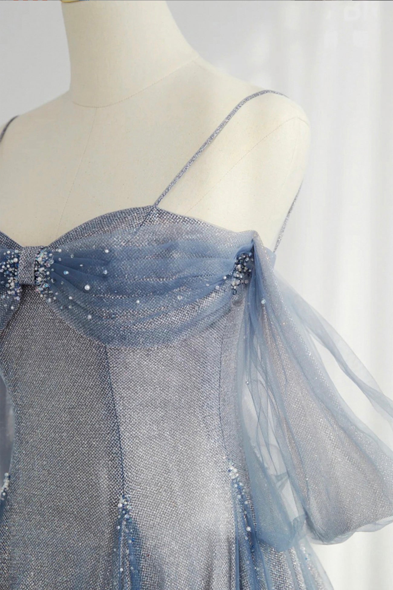 Evening Dresses Classy, Blue Spaghetti Strap Tulle Long Prom Dress, A-Line Formal Dress