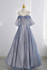 Evening Dresses Princess, Blue Spaghetti Strap Tulle Long Prom Dress, A-Line Formal Dress