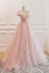 Homecoming Dress Lace, Pink Tulle Long Prom Dresses, A-Line Graduation Dresses