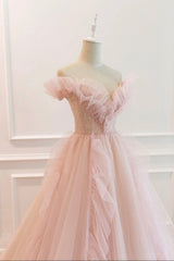 Homecomming Dresses Lace, Pink Tulle Long Prom Dresses, A-Line Graduation Dresses