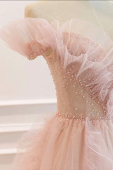 Homecoming Dresses Laces, Pink Tulle Long Prom Dresses, A-Line Graduation Dresses