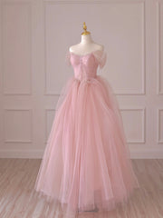 Homecoming Dress Tights, Pink Tulle Lace Long Prom Dress, Off the Shoulder Evening Dress