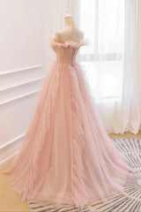 Homecoming Dresses Silk, Pink Tulle Long Prom Dresses, A-Line Graduation Dresses