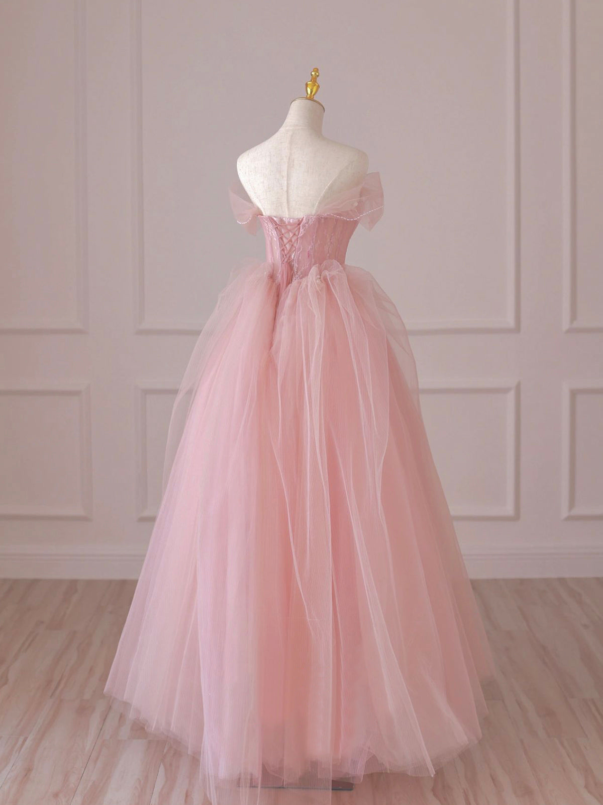 Homecoming Dresses Pockets, Pink Tulle Lace Long Prom Dress, Off the Shoulder Evening Dress