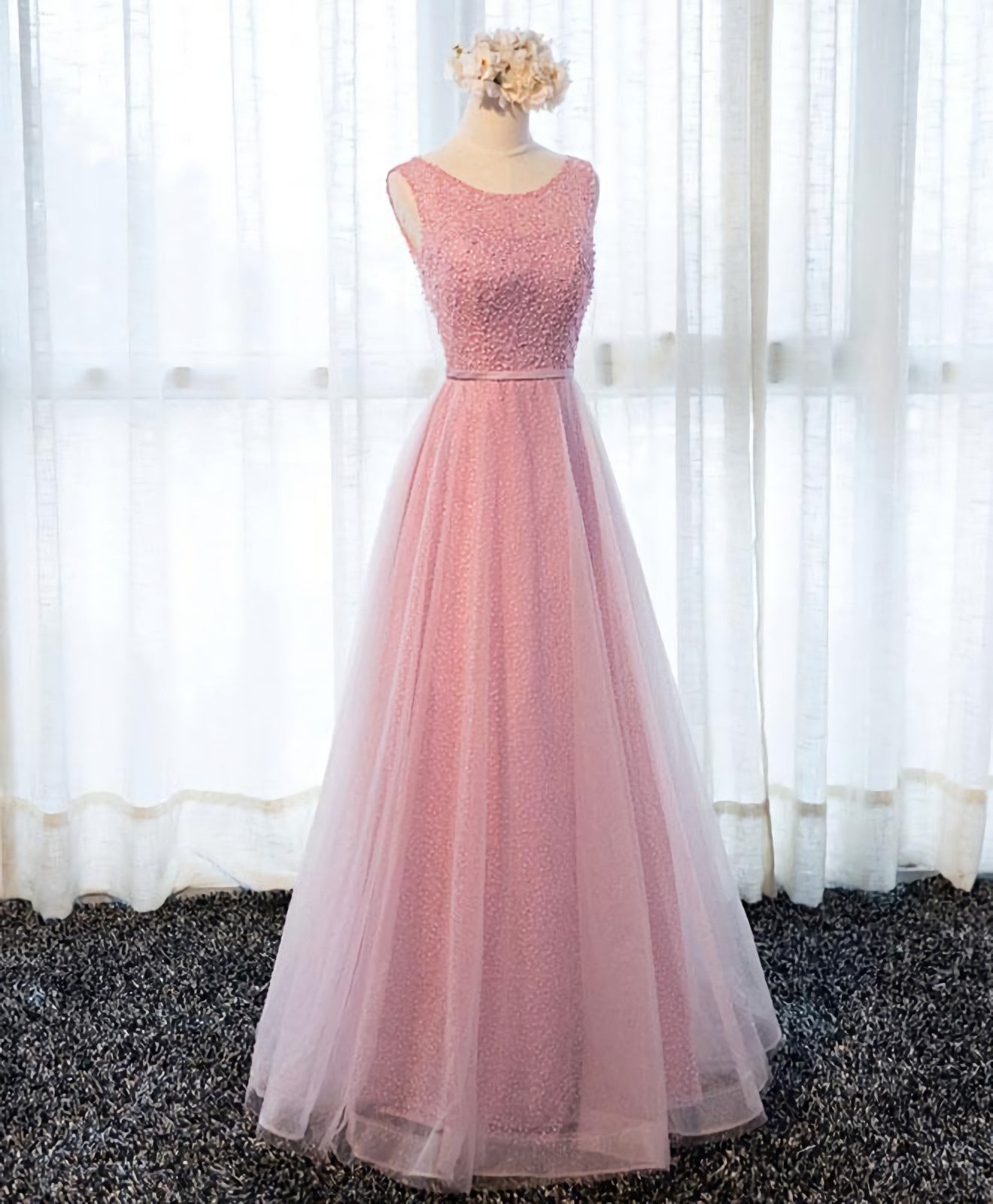 Fall Wedding Color, A Line Round Neck Tulle Long Prom Dress, Lace Evening Dress