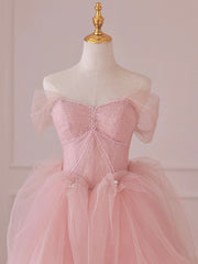 Homecoming Dress Tight, Pink Tulle Lace Long Prom Dress, Off the Shoulder Evening Dress