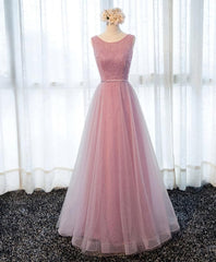 Blue Bridesmaid Dress, A Line Round Neck Tulle Long Prom Dress, Lace Evening Dress