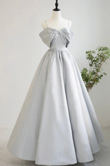 Bridesmaid Dresses Fall Colors, Gray Satin Long A-Line Prom Dress, Off the Shoulder Evening Dress with Pearls
