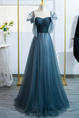 Formal Dress Fall, Blue Tulle Long A-Line Prom Dress, Lovely Blue Evening Party Dress