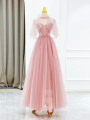 Homecoming Dresses For Middle School, Pink Tulle Long Prom Dress with Beaded, Lovely A-Line Evening Dress